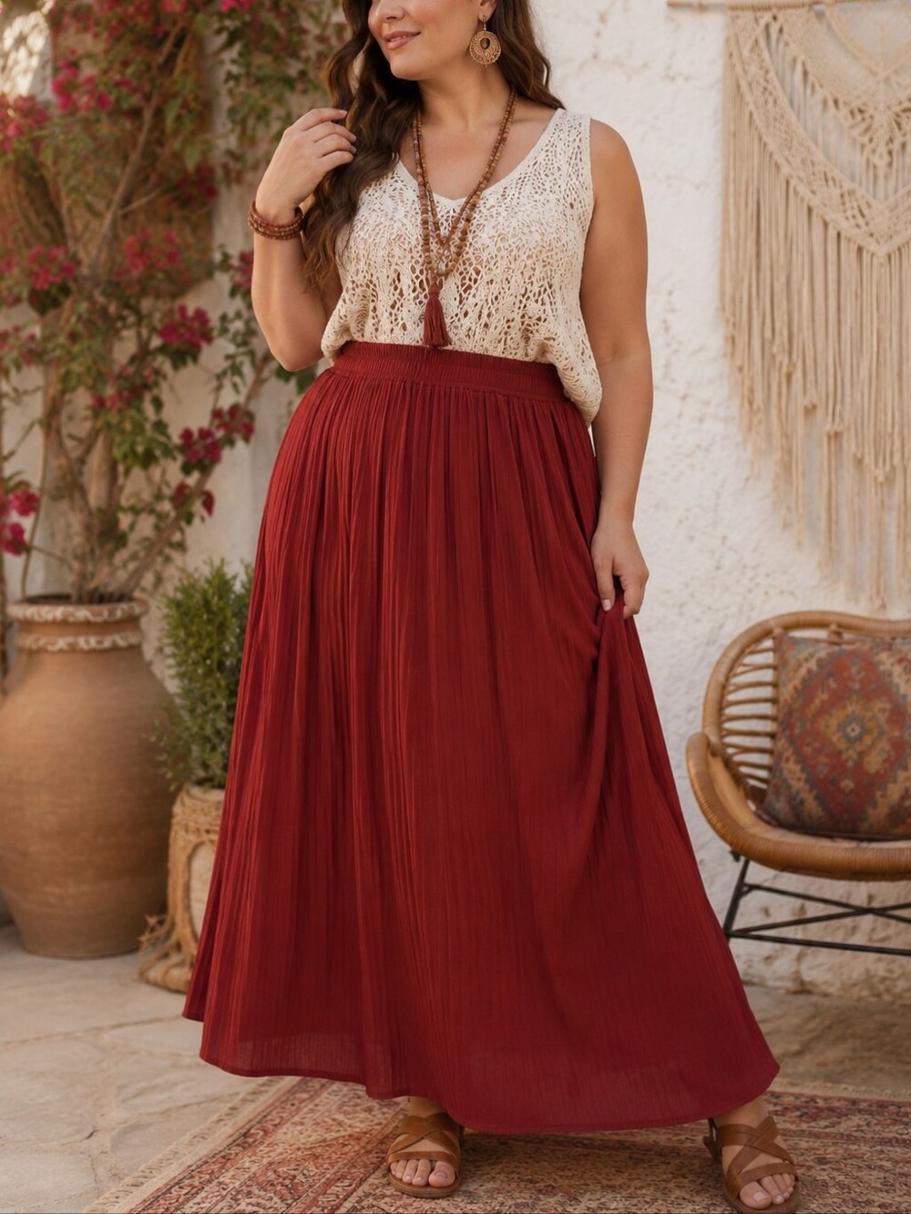 Jon & Anna Contemporary Women’s Pleated Maxi Skirt in Rust XL Boho